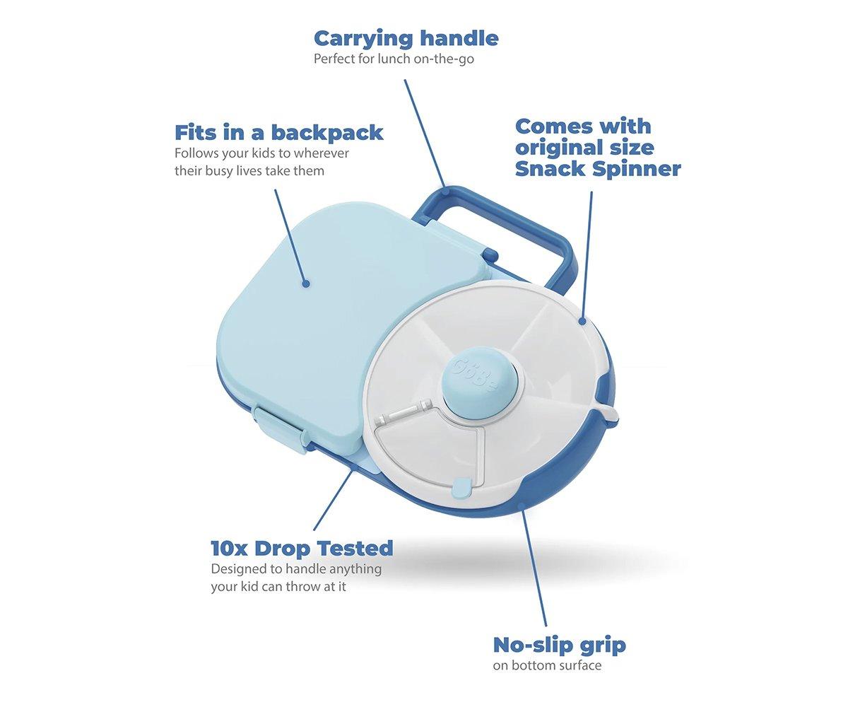 Recipiente de lanche azul claro com compartimento giratório branco e alça de transporte