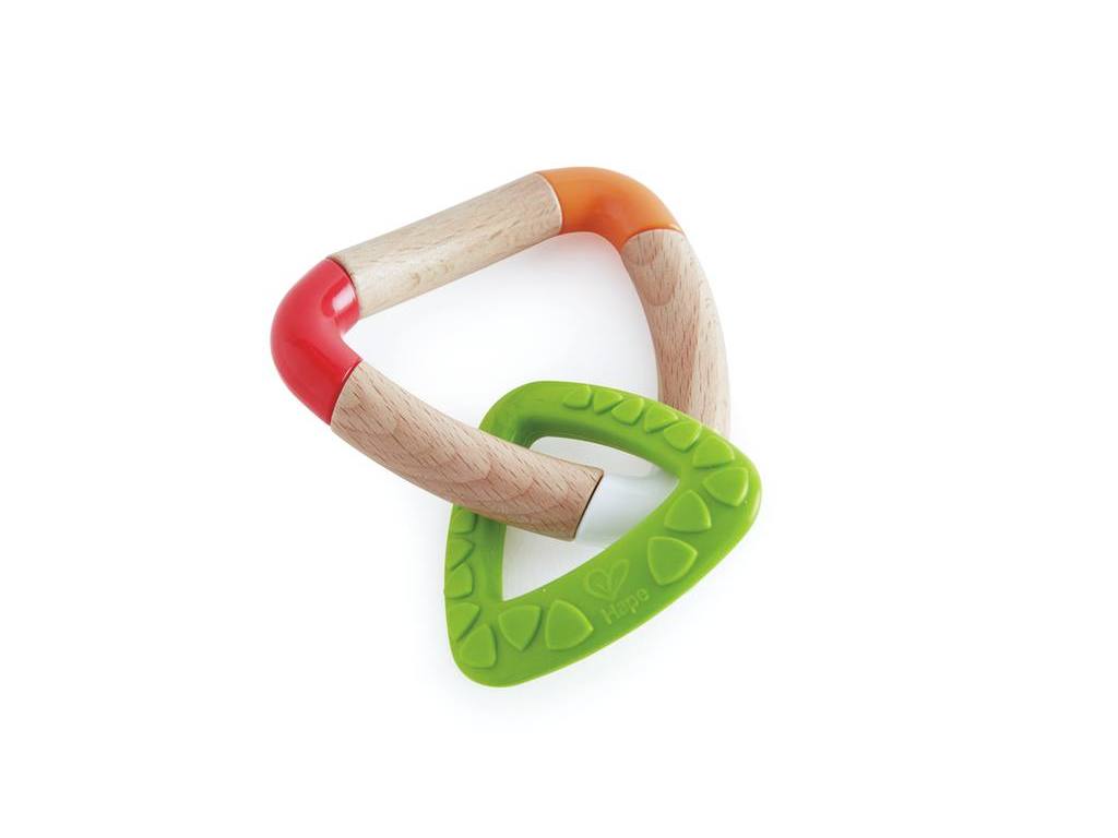 brinquedo para bebé em madeira clara com vermelho e anel verde texturizado