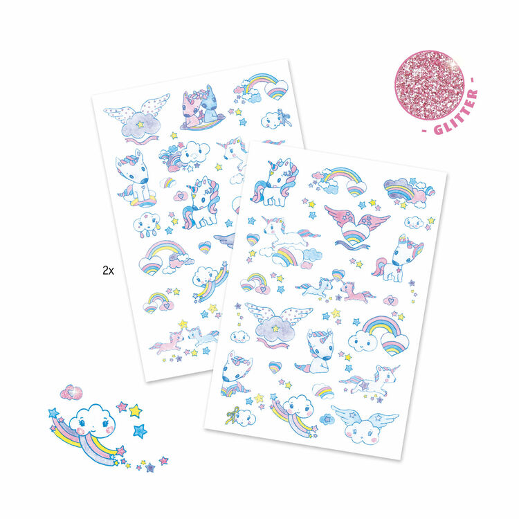 Dois conjuntos de autocolantes de unicórnios, arco-íris e nuvens com glitter em tons pastel