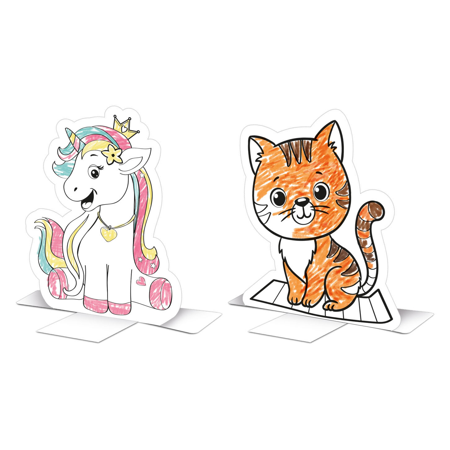 Figuras em papel de unicórnio e gato com suporte