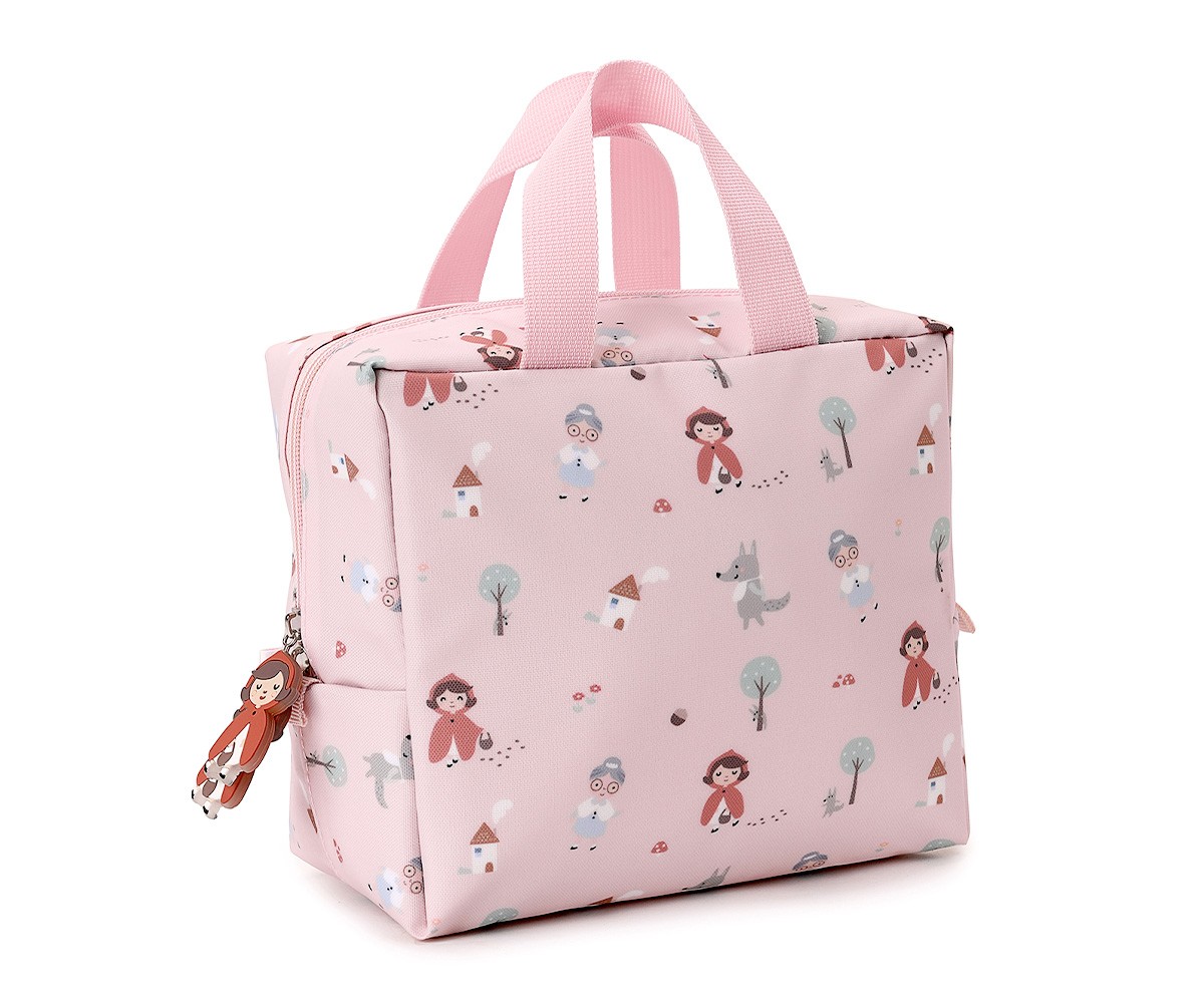 Bolsa rosa claro com padrão de desenhos animados e alças cor-de-rosa