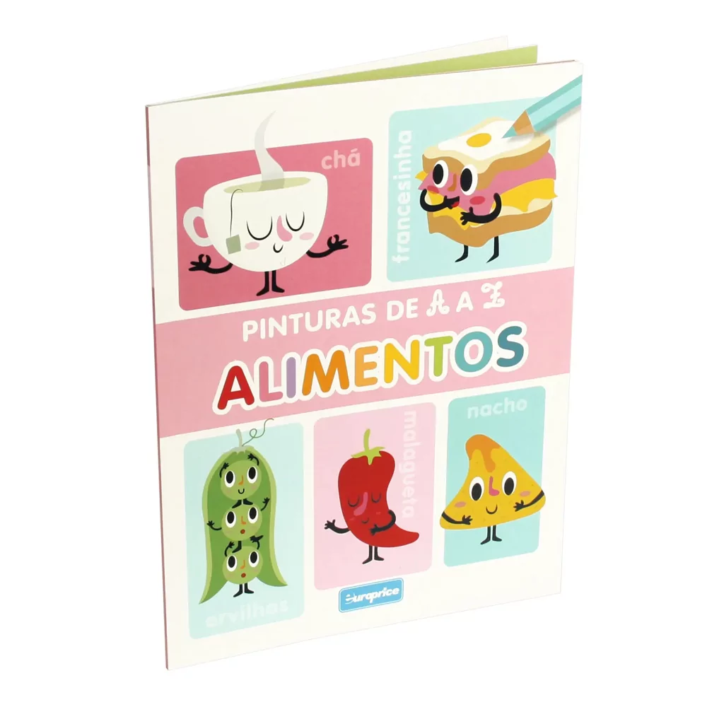 Livro infantil colorido com ilustrações animadas de alimentos e texto 'PINTURAS DE A A Z ALIMENTOS'.