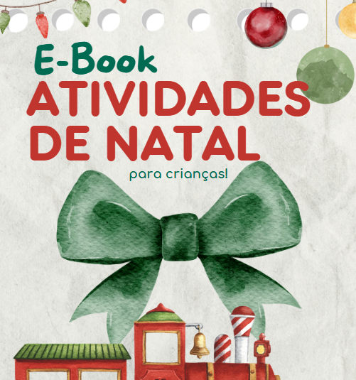 Capa de e-book atividades de Natal com laço verde e comboio de Natal