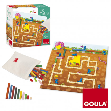 Jogo educativo infantil com tabuleiro labirinto, pauzinhos coloridos e saco de arrumação branco