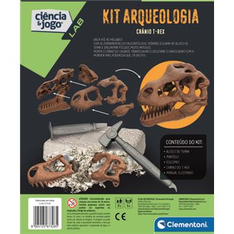Embalagem do Kit Arqueologia Crânio T-Rex com imagens do crânio e ferramentas incluídas
