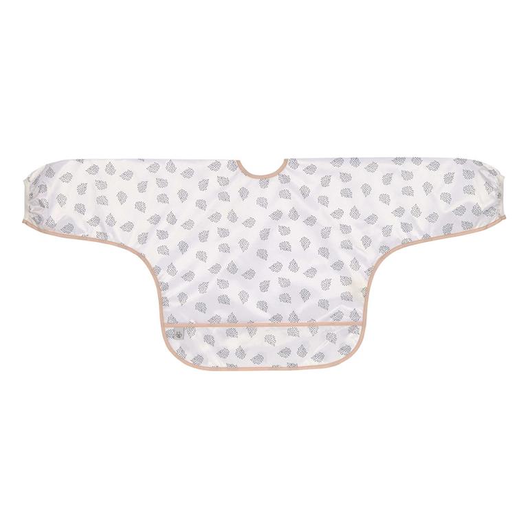 Babete de manga comprida branco com folhas cinzentas e bolso frontal