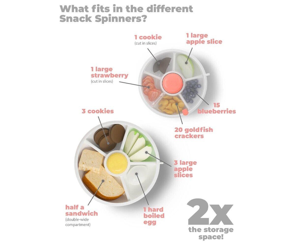 Imagem do recipiente redondo Snack Spinners com divisórias e exemplos de alimentos que cabem em cada espaço.