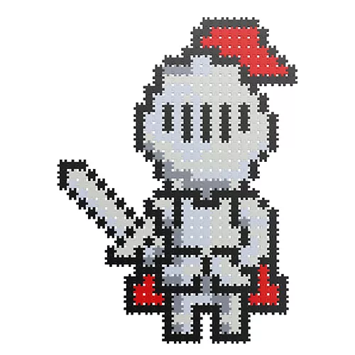 Personagem pixelizado de cavaleiro com armadura cinzenta e capa vermelha