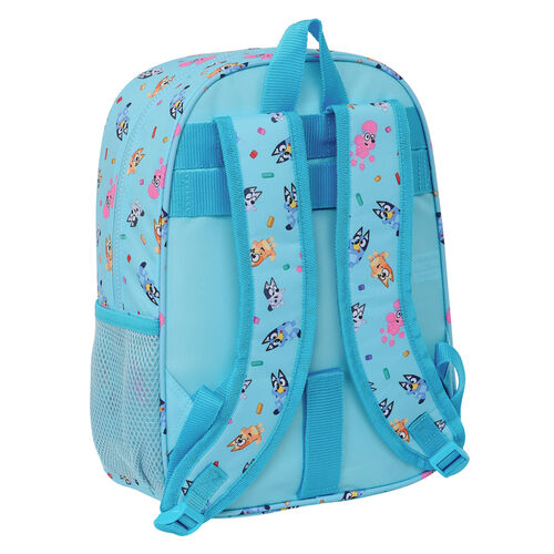 Mochila infantil azul claro com estampas de cachorros e bolso lateral em rede