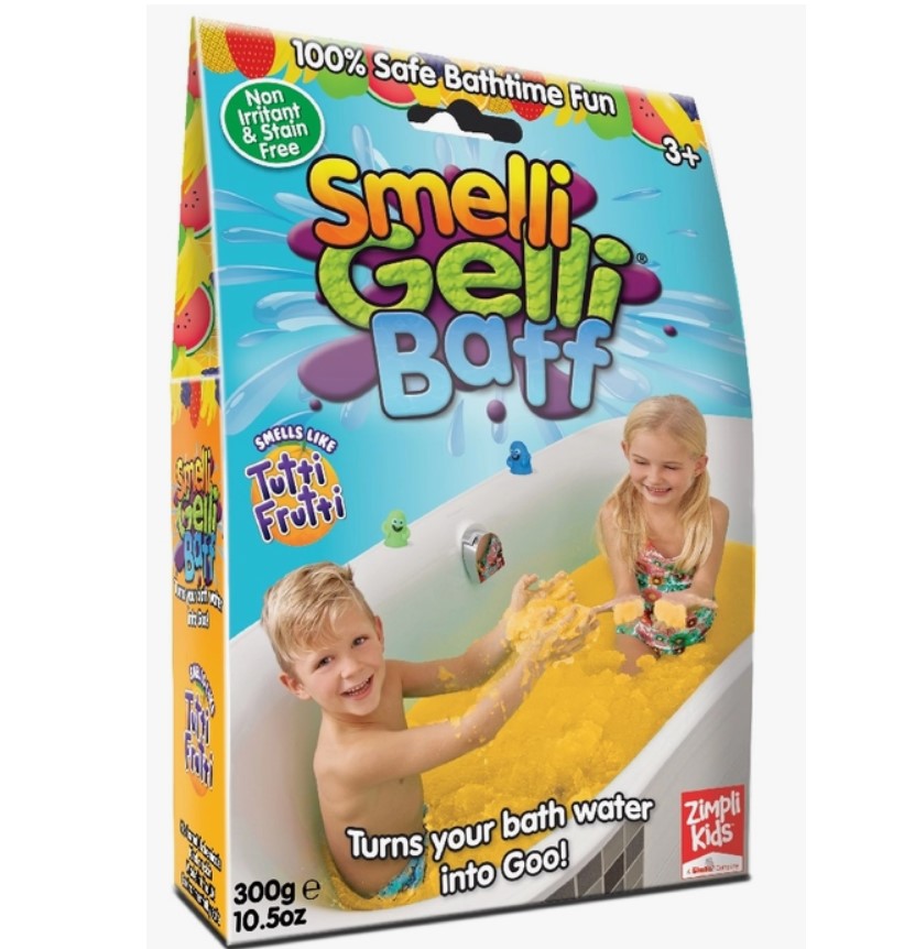 Embalagem colorida de produto para banheira Smelli Gelli Baff com crianças a brincar na banheira