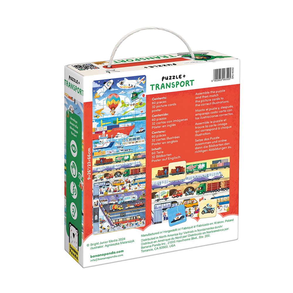 Embalagem de puzzle com tema de transportes, 50 peças, cores vibrantes e texto em inglês e francês.