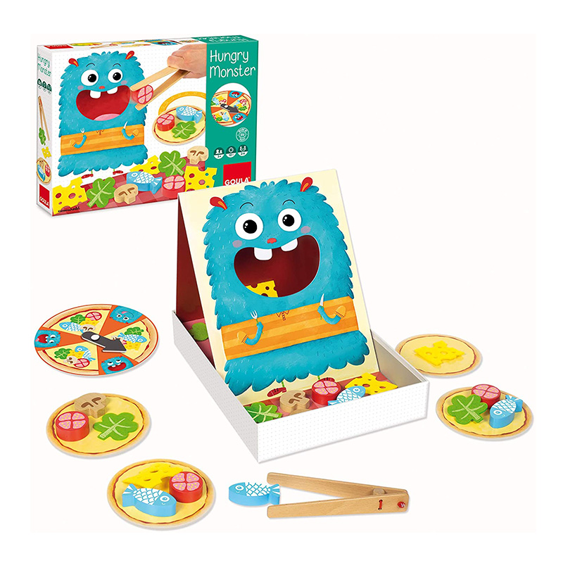 Jogo Hungry Monster com peças de alimentos coloridos, base com monstro azul e pinças de madeira