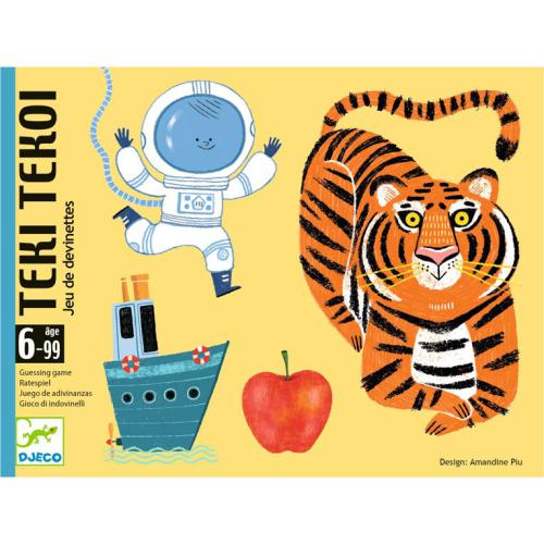 Jogo TEKI TEKOI com astronauta, tigre, barco e maçã em fundo amarelo