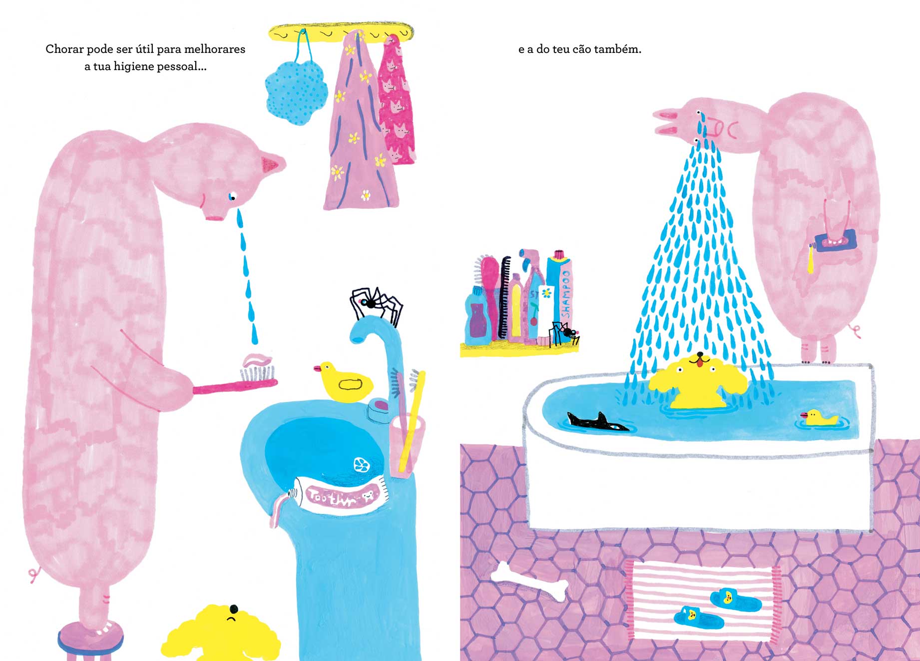 Ilustração de casa de banho com dois ursos cor de rosa, pia azul e banheira branca