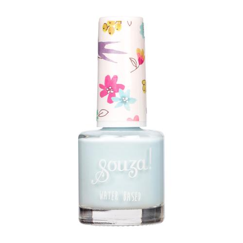 frasco de esmalte de unhas azul claro Souza! com tampa branca decorada com flores coloridas
