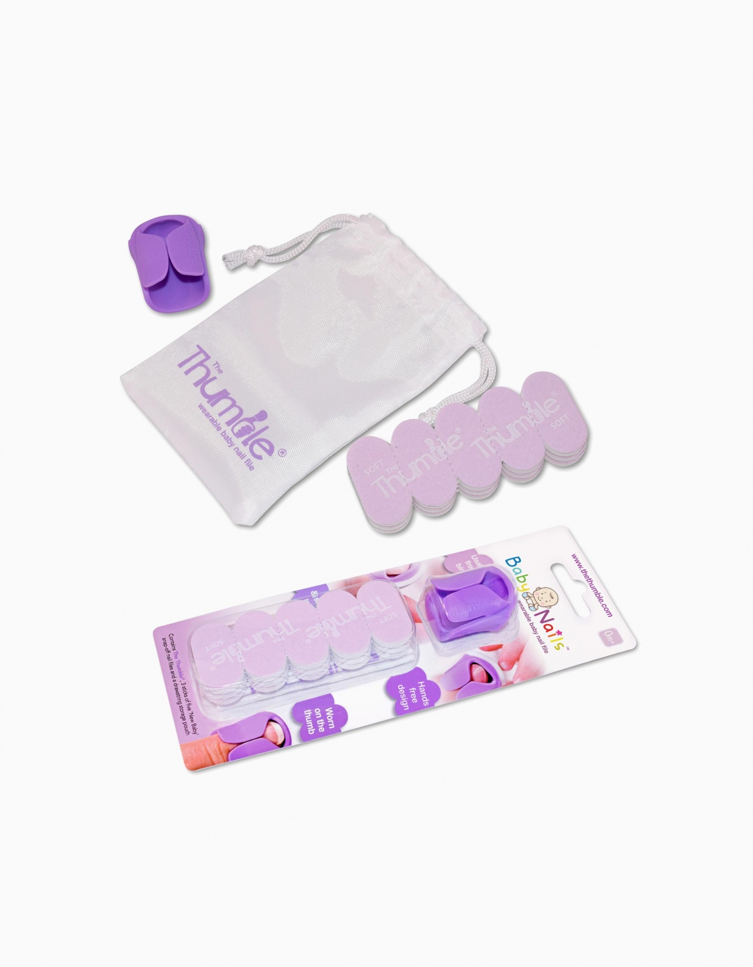 Kit Baby Nail com separadores e lima de unhas em rosa e lilás com bolsa branca