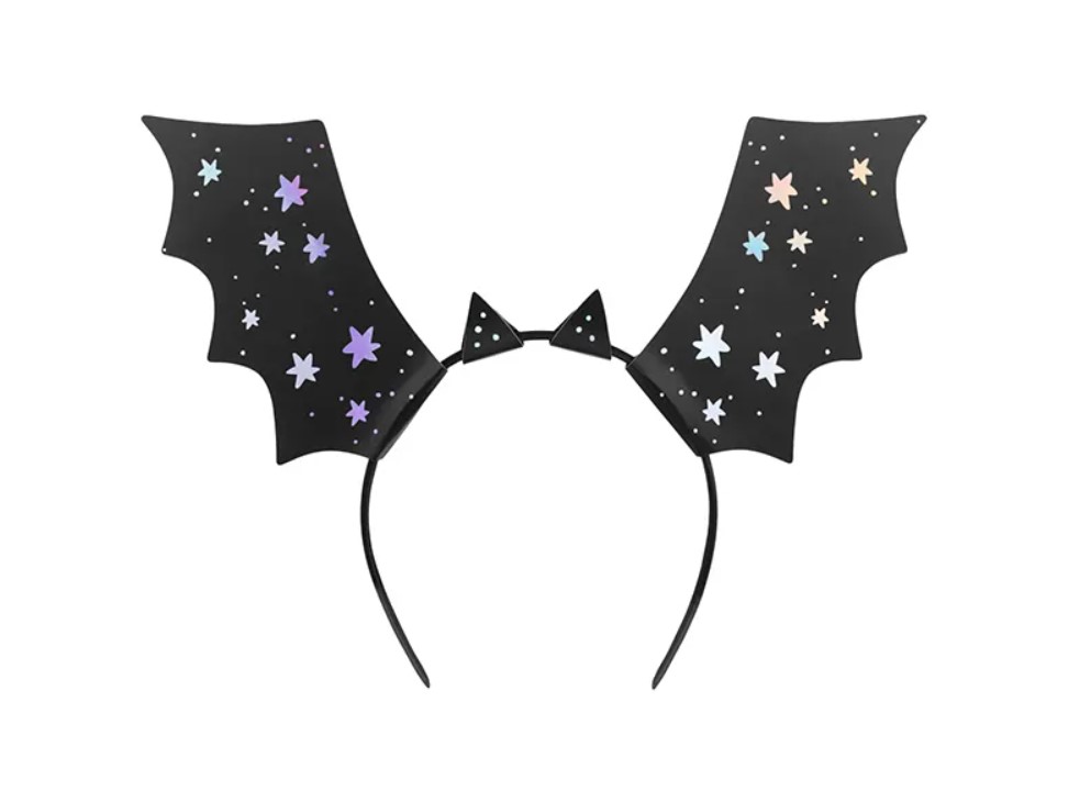 Arco de cabeça com asas de morcego pretas e estrelas coloridas