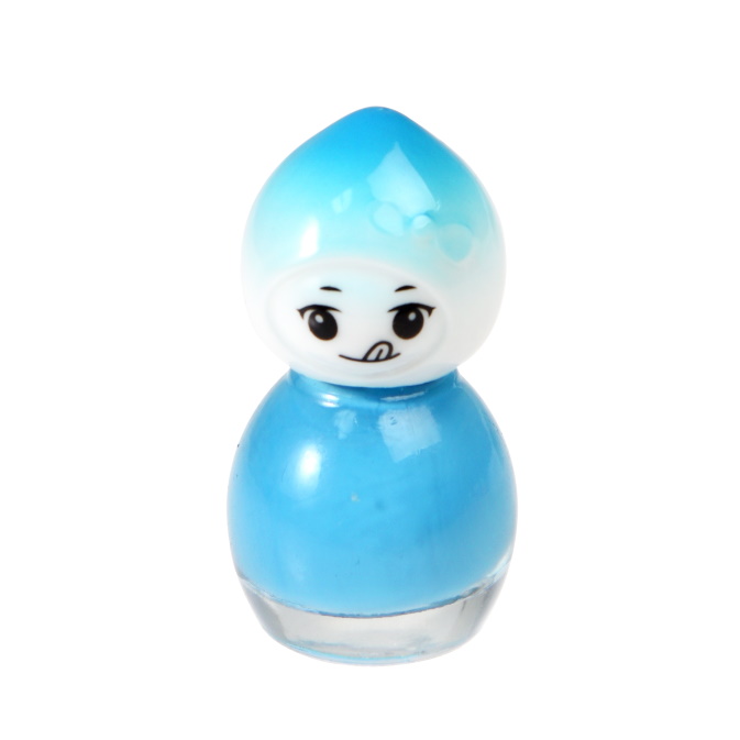 Frasco de verniz para unhas azul com tampa branca e rosto sorridente