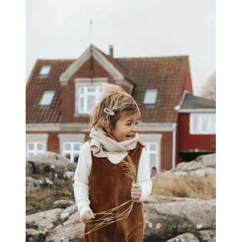 Criança com macacão castanho e cachecol bege segurando espigas em frente a casa vermelha