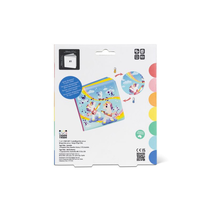 Embalagem branca com imagens de saco impermeável com padrão de unicórnios e círculos coloridos na lateral direita