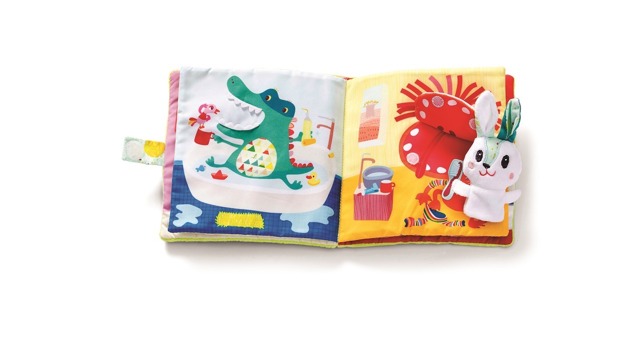 Livro de tecido infantil colorido com peluche de coelho