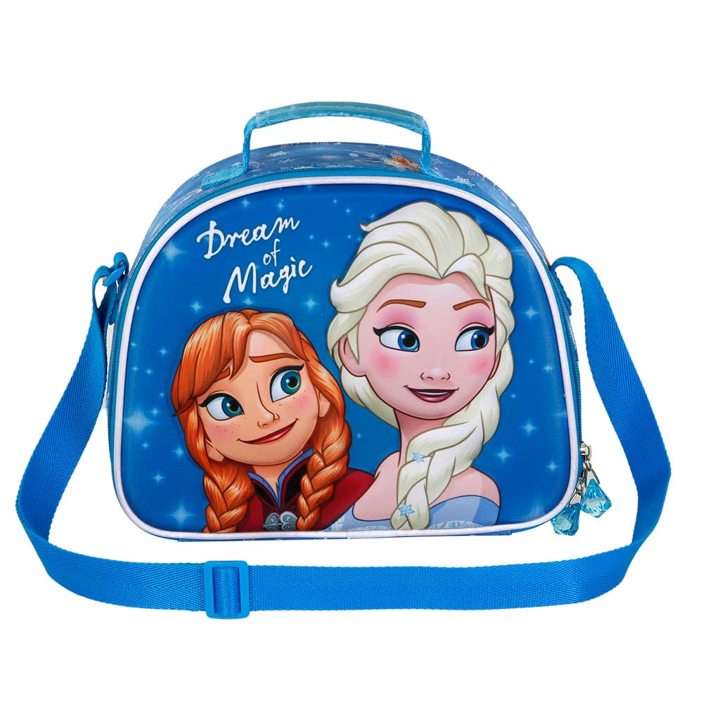 Mala azul com personagens Anna e Elsa e texto Dream of Magic