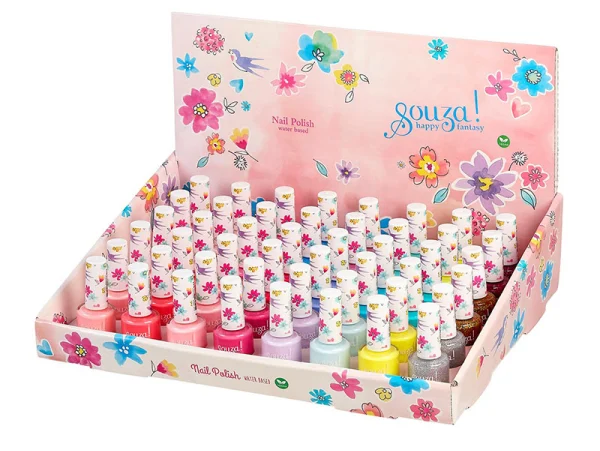 Expositor rosa com vernizes de unhas coloridos e tampas decoradas com flores