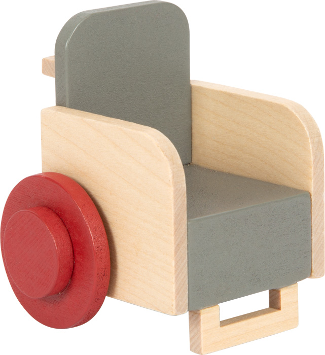 Cadeira de brincar em madeira cinza e vermelha com rodas vermelhas