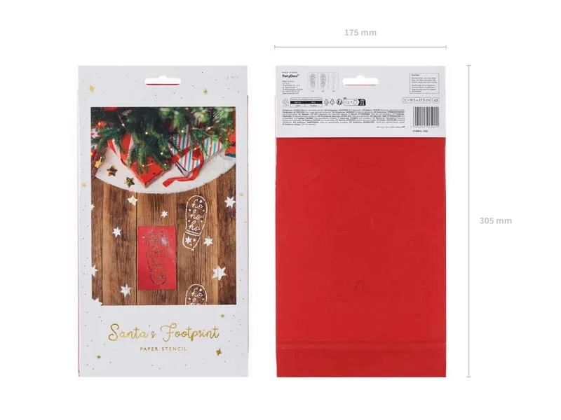 Embalagem branca com produtos decorativos natalícios vermelhos e brancos com padrões de pegadas