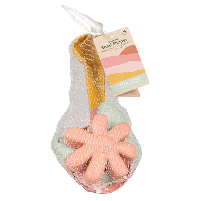 Brinquedos de praia em forma de flor e folha em rede branca com etiqueta Little Dutch