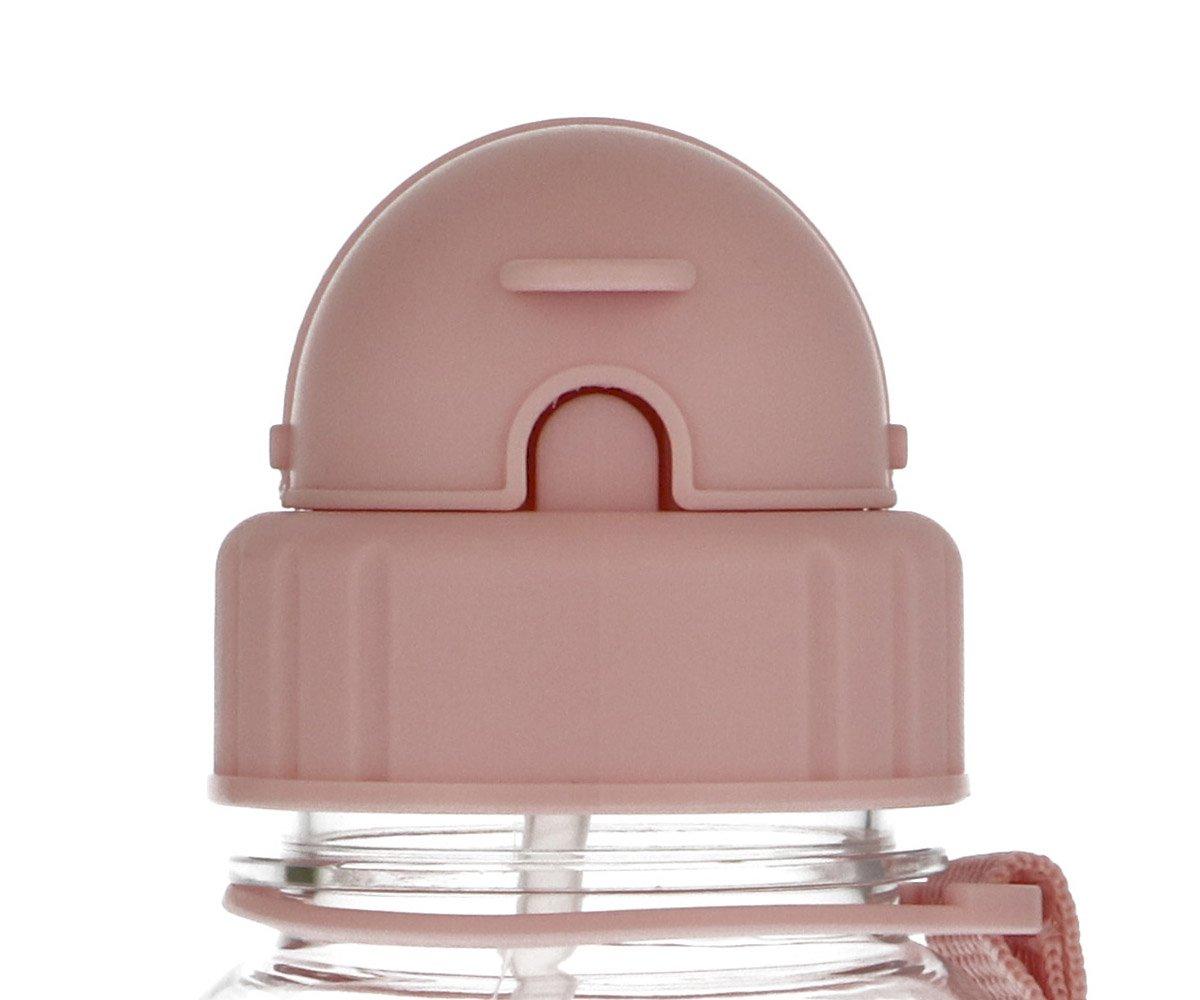 garrafa transparente com tampa rosa e bico semicircular