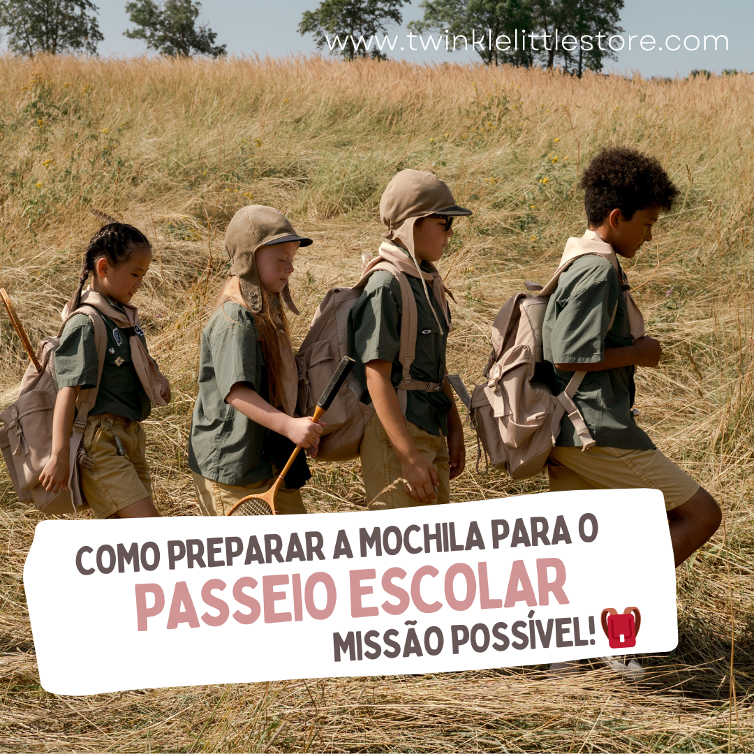 Crianças em uniforme e mochilas a caminhar em relva seca com texto promocional para passeio escolar.