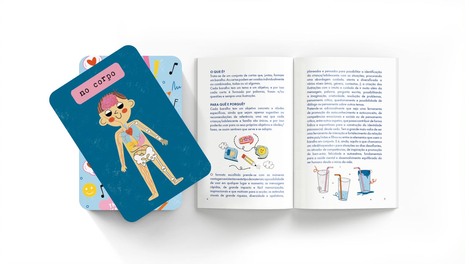 Livro infantil aberto com texto e ilustrações, cartão azul com desenho de corpo humano e texto 'no corpo'