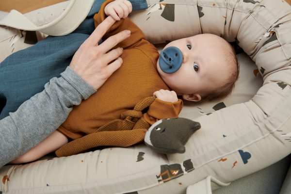 Bebé deitado numa espreguiçadeira macia com padrão bege e azul, usando chupeta azul