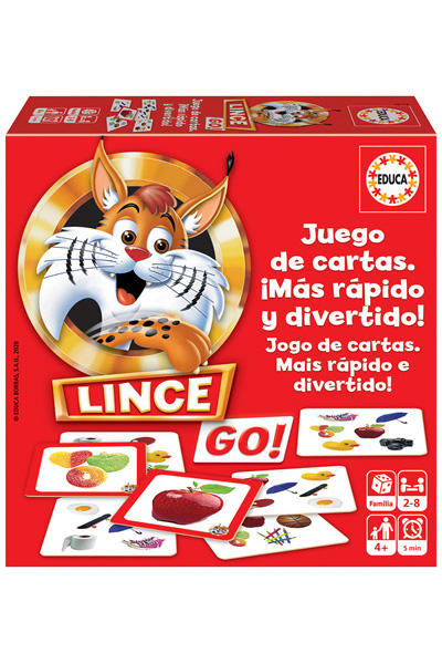 Caixa do jogo de cartas Lince GO! com um lince sorridente e várias cartas coloridas espalhadas