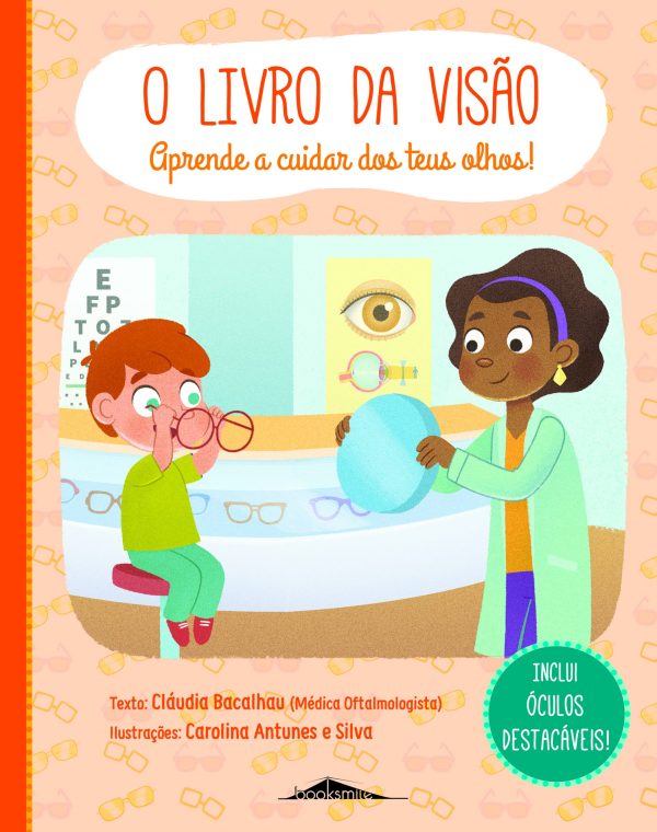 Capa de livro infantil sobre visão com ilustrações de criança e adulta em consulta de óculos