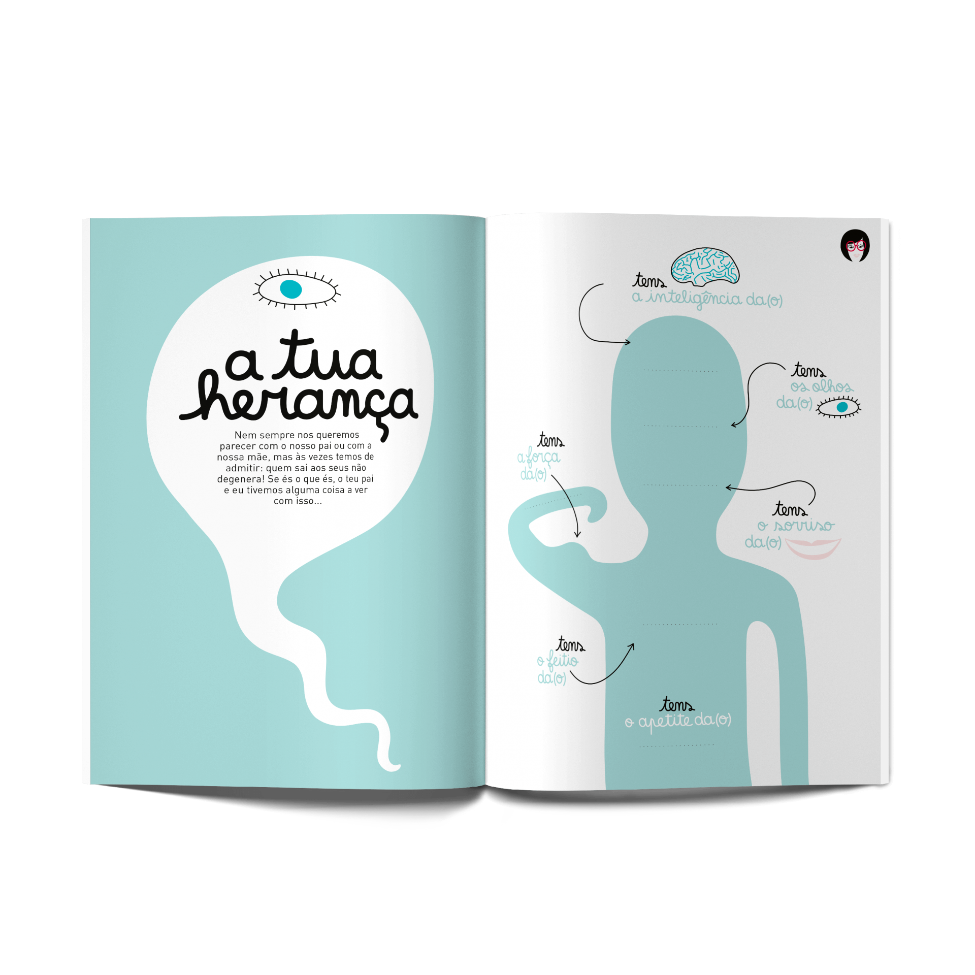 Livro aberto com texto e ilustrações em tons de azul e branco