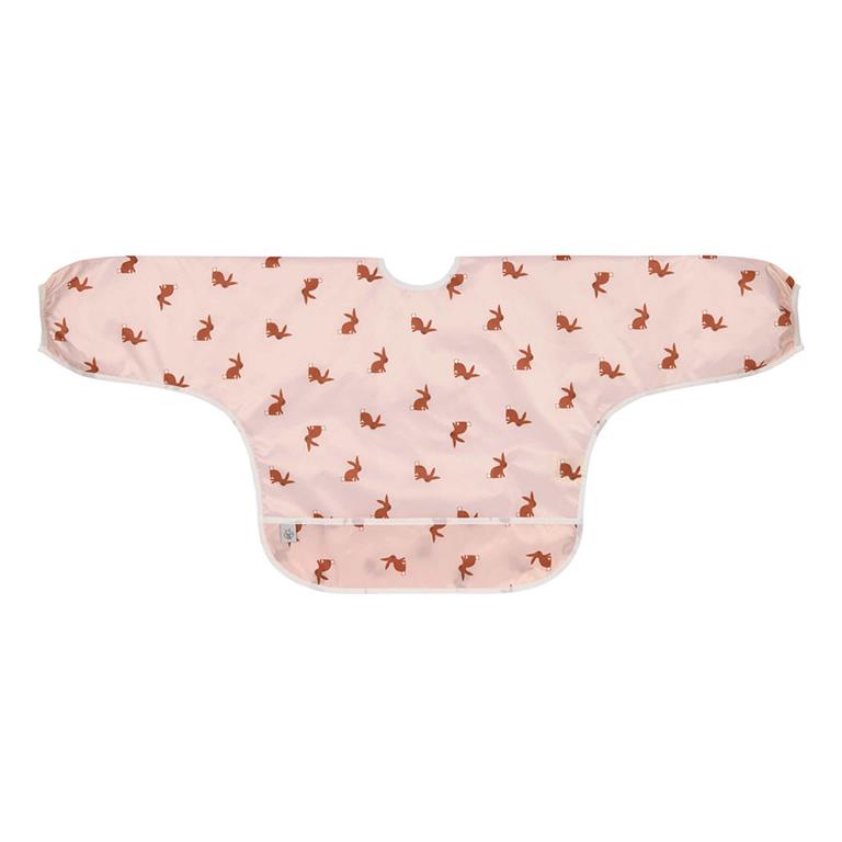 Babete impermeável rosa com coelhos castanhos e mangas compridas