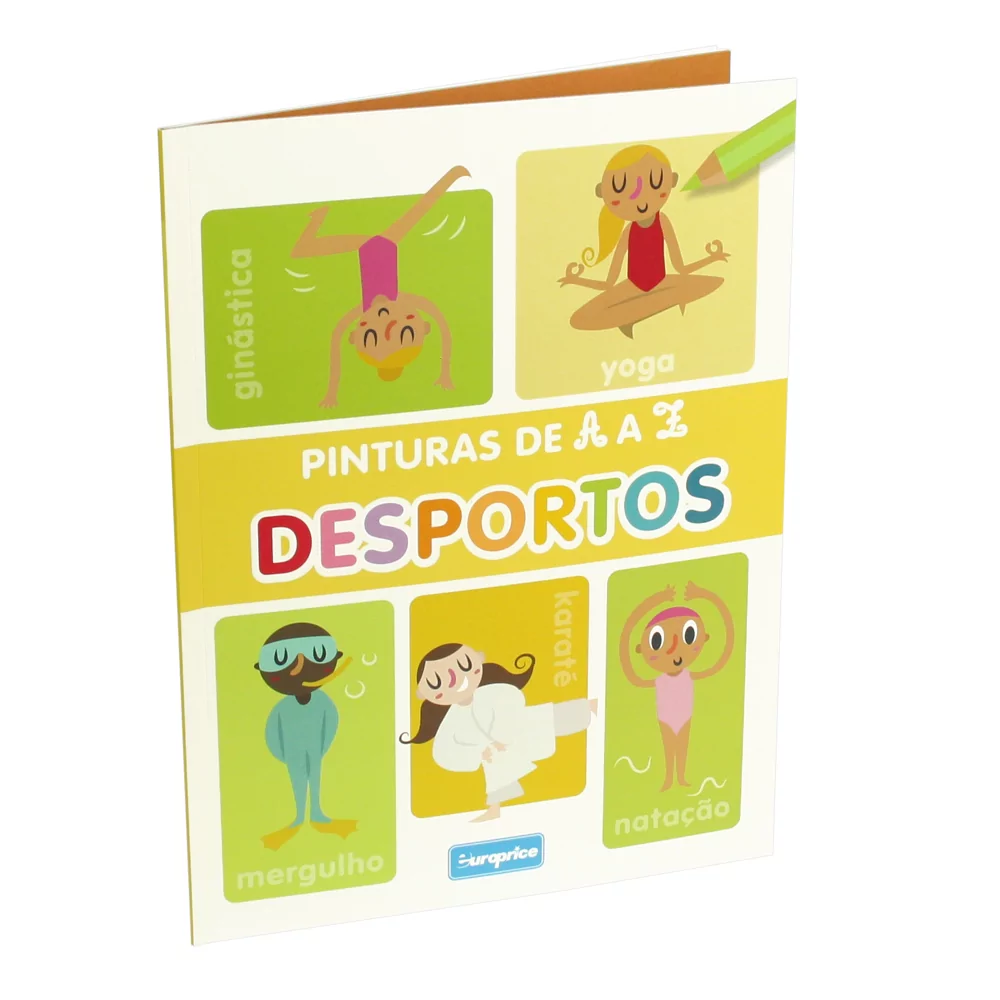 Livro infantil colorido sobre desportos com ilustrações de crianças a praticar ginástica, yoga, mergulho e natação