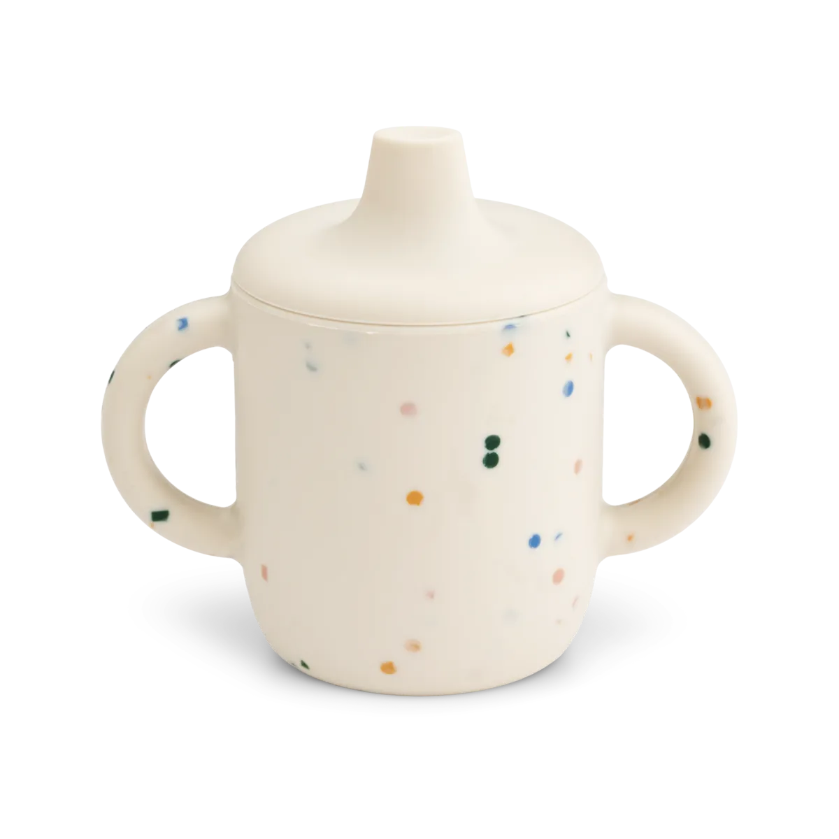 Caneca infantil branca com dois punhos e pontos coloridos