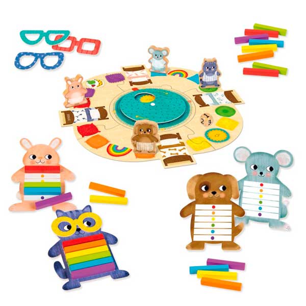 Jogo de tabuleiro infantil com peças de animais e bastões coloridos