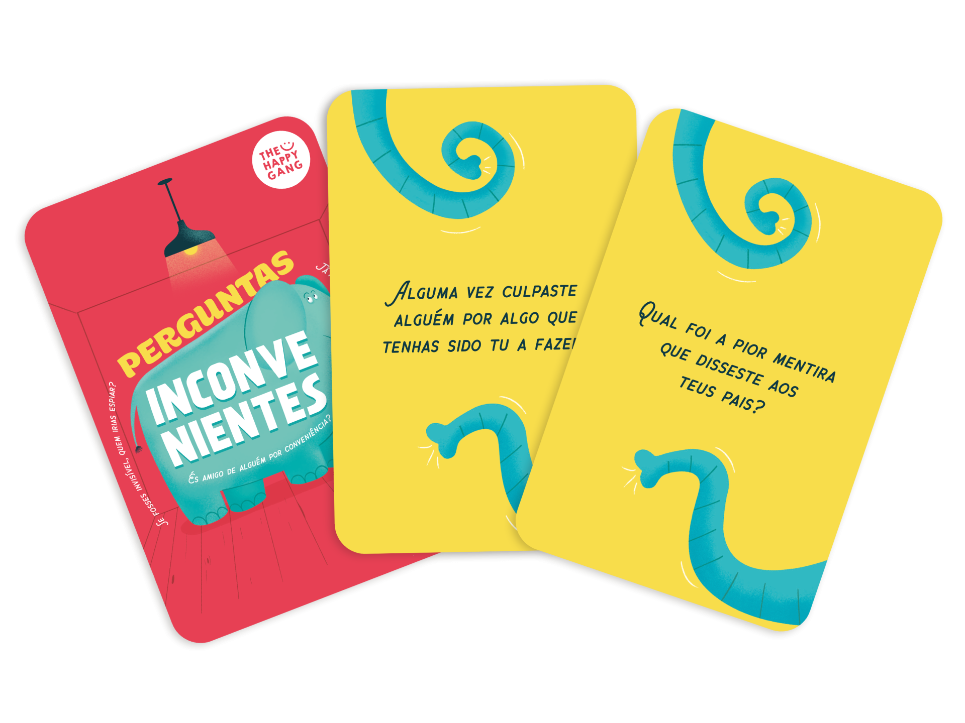 Jogo de cartas Perguntas Inconvenientes com cartas amarelas e caixa vermelha