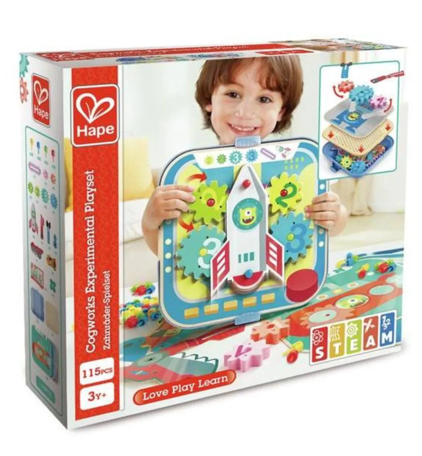 Caixa de brinquedo educativo Cogworks Experimental Playset da Hape com engrenagens coloridas e foguete