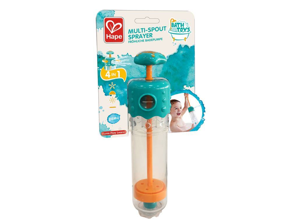 Spray para banho Hape azul e laranja em embalagem colorida