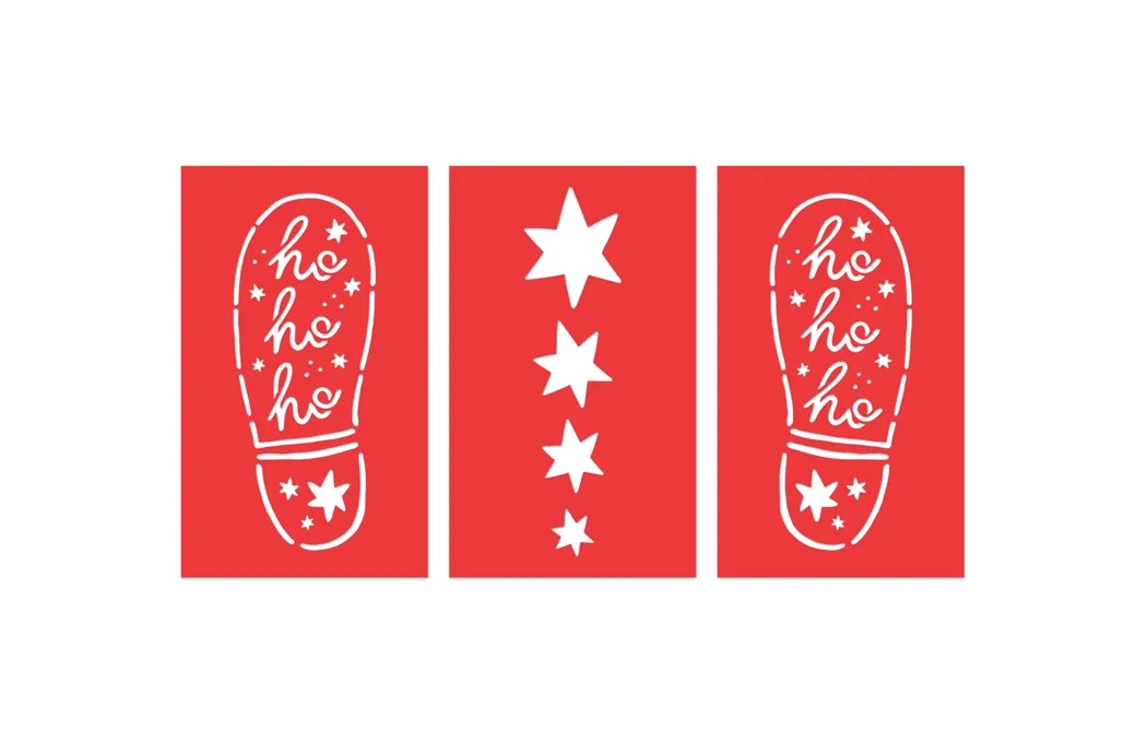 Três painéis vermelhos com luvas e estrelas brancas decorativas