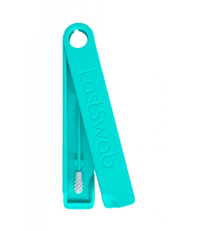 Palito de limpeza LastSwab turquesa com tampa aberta e ponta branca