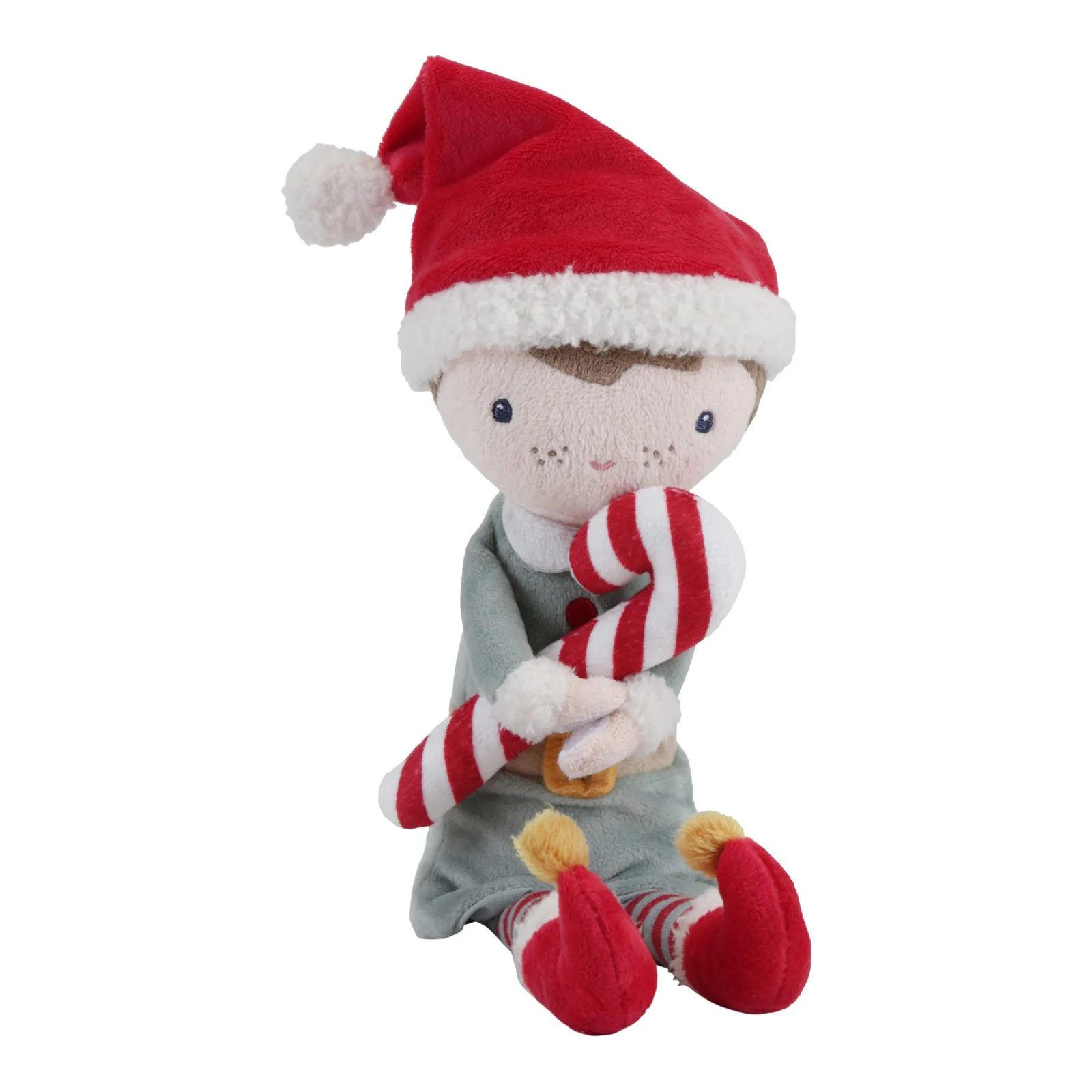 Boneco de pelúcia duende de Natal com gorro vermelho, fatos cinzento e bengala doce listrada