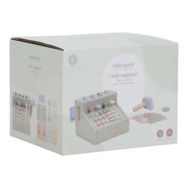 Caixa de embalagem de brinquedo caixa registadora em madeira cinzento e rosa com texto