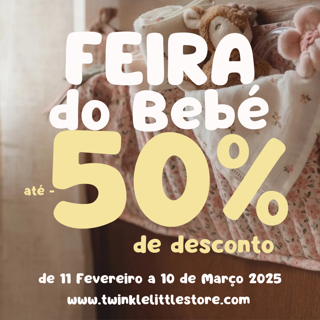 Feira do Bebé: essenciais para o seu Bebé com imperdíveis descontos! Texto promocional sobre berço com mantas e peluches em tons pastel