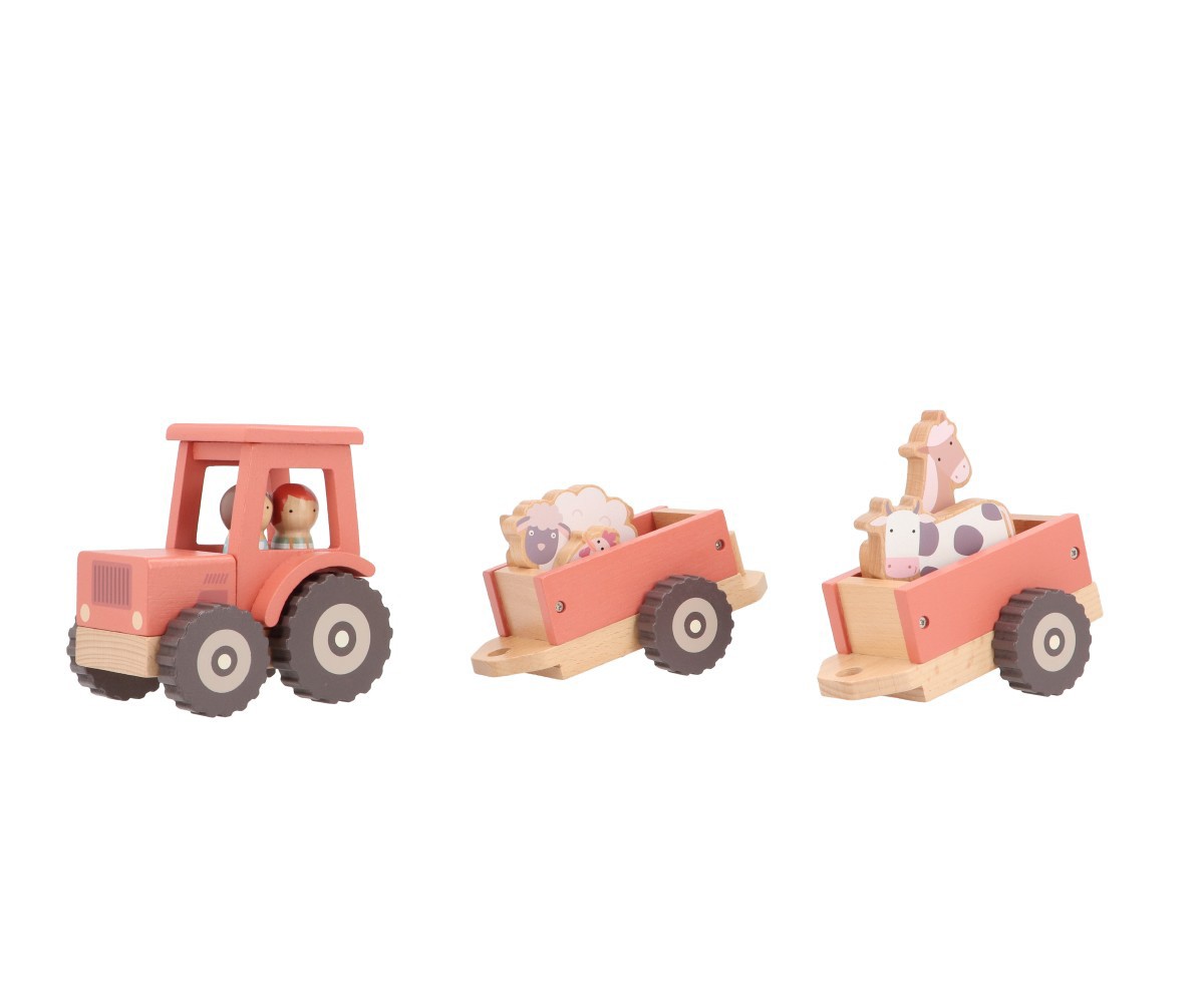 Brinquedos de madeira trator cor de rosa com carroças e animais